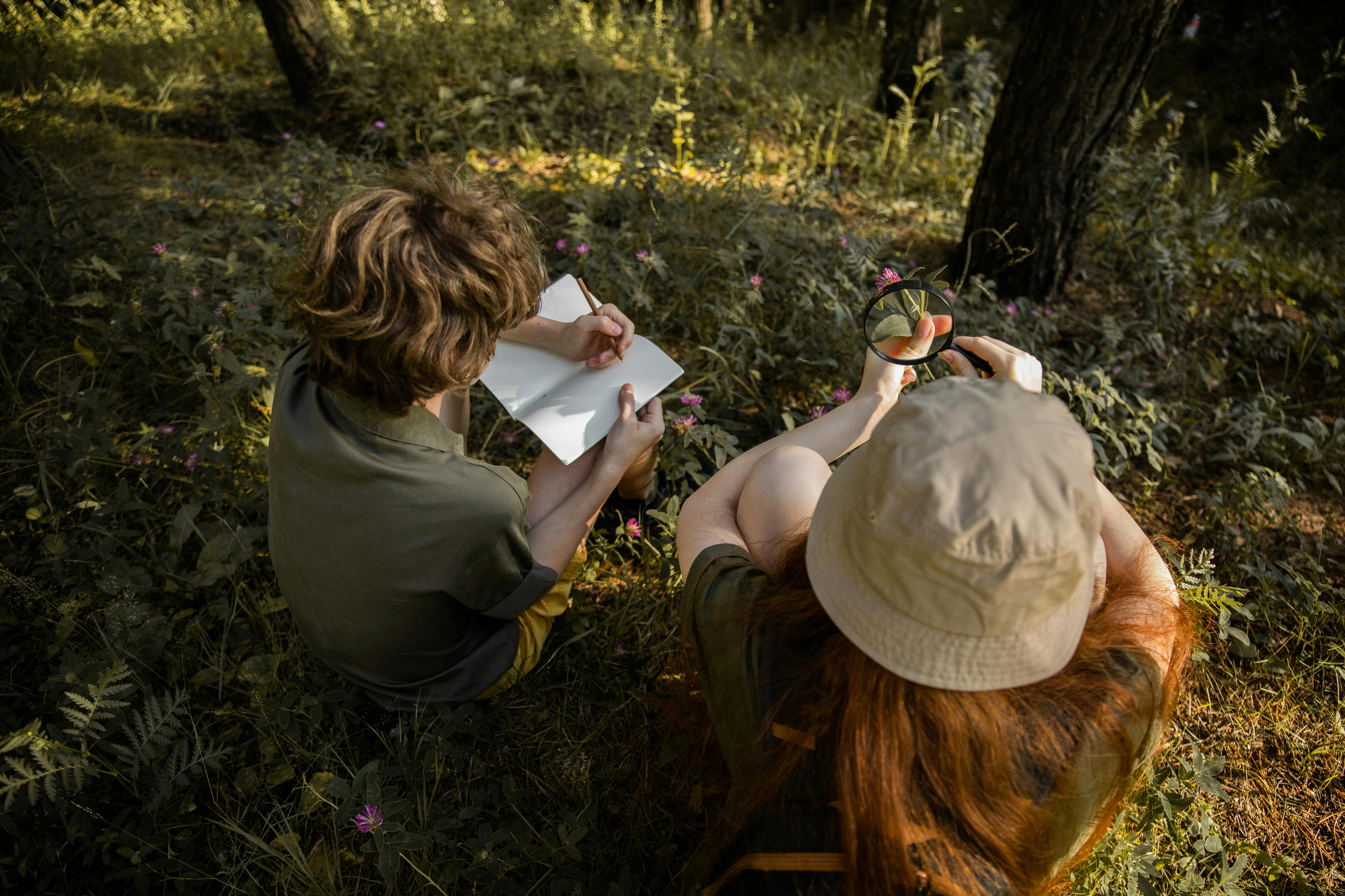 one boy and one girl sitting in a wood looking at wildlife